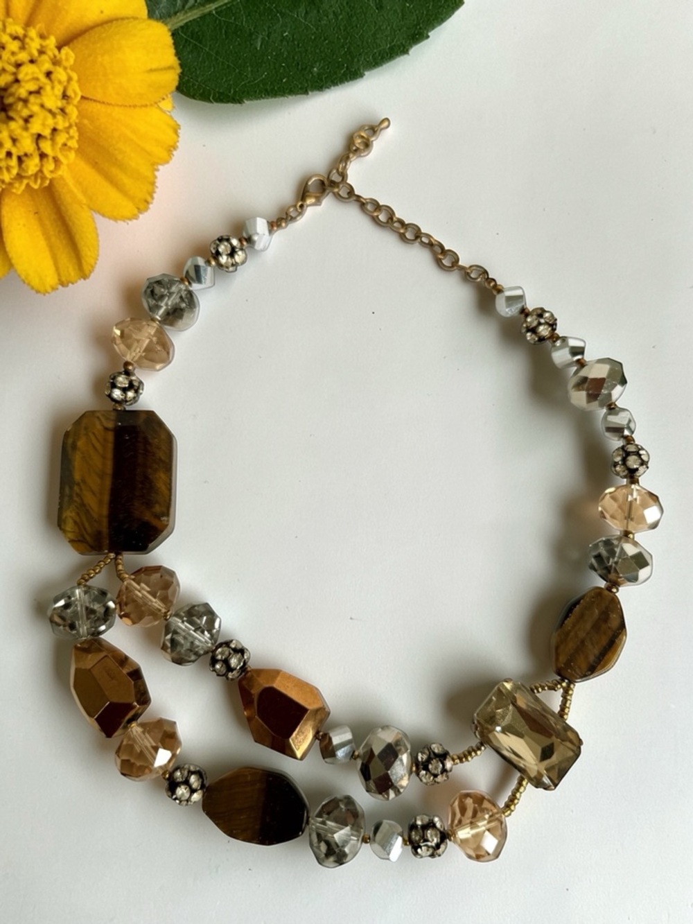 Vtg Natural Tiger’s Eye, Agate, Faceted Crystals, Rhinestones Statement Necklace